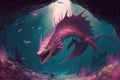 pink dragon, swimming through underwater cavern, with schools of fish swimming in the background