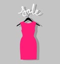 Pink dress on a hanger and an inscription sale. Vector illustration with sale of clothes for woman