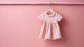 Pink dress for little girl on wooden hanger on pink background