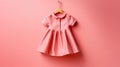 Pink dress for little girl on wooden hanger on pink background