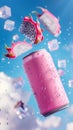 Pink drink-can, Floating in a blue sky in front of white clouds Royalty Free Stock Photo