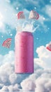 Pink drink-can, Floating in a blue sky in front of white clouds Royalty Free Stock Photo