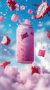 Pink drink-can, Floating in a blue sky in front of white clouds Royalty Free Stock Photo