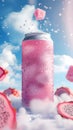 Pink drink-can, Floating in a blue sky in front of white clouds Royalty Free Stock Photo