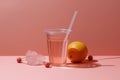 Pink drink in plastic cup with lemon and cherries, still life food background