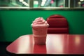 a pink drink sitting on a table in a diner