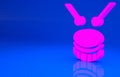 Pink Drum with drum sticks icon isolated on blue background. Music sign. Musical instrument symbol. Minimalism concept