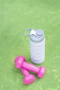 Pink dumbbells and silicone water bottle on green yoga mat. Close up. Equipment for sports. Vertical frame