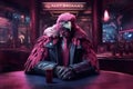 pink eagle draped in a stylish leather jacket that symbolizes its status among the underworld elite in neon bar illustration