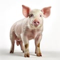 A pink-eared pig sits contentedly. White isolated