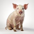 A pink-eared pig sits contentedly. White isolated