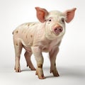 A pink-eared pig sits contentedly. White isolated