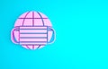 Pink Earth globe with medical mask icon isolated on blue background. Minimalism concept. 3d illustration 3D render Royalty Free Stock Photo