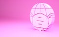 Pink Earth globe with medical mask icon isolated on pink background. Minimalism concept. 3d illustration 3D render Royalty Free Stock Photo