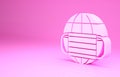 Pink Earth globe with medical mask icon isolated on pink background. Minimalism concept. 3d illustration 3D render Royalty Free Stock Photo