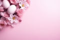 Pink Easter background with eggs, flowers and copy space for text. Soft, pastel colors. Tranquil and joyful scene
