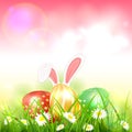 Pink Easter Background with Eggs in Grass and Rabbit Royalty Free Stock Photo