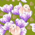 Pink Easter Bunny. Bouquet of blue, lilac crocuses on a green background. Watercolor