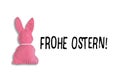 Pink Easter bunny with text `Frohe Ostern` on a white background.Translation: `Happy Easter`.