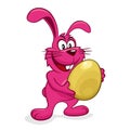 Pink easter bunny rabbit standing golden egg