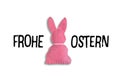 Pink Easter bunny with text `Frohe Ostern` on a white background.Translation: `Happy Easter`.