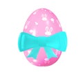 Pink Easter egg with a blue bow. Drawing rabbits. Illustration 3D