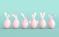 Pink Easter egg with rabbit ears on green background. Happy Easter big hunt or sale banner, mockup template. Religious April