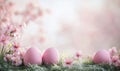 Pink Easter eggs with flowers, soft pastel background, spring theme, delicate blossoms, grass, festive decoration Royalty Free Stock Photo