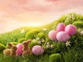 Pink easter eggs and rabbit