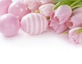Pink easter eggs and tulips