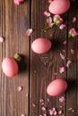 Pink Easter eggs on wodden background. Copyspace. Still life photo of lots of pink easter eggs.Background with easter eggs