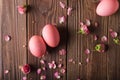 Pink Easter eggs on wodden background. Copyspace. Still life photo of lots of pink easter eggs.Background with easter eggs Royalty Free Stock Photo