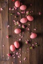 Pink Easter eggs on wodden background. Copyspace. Still life photo of lots of pink easter eggs.Background with easter eggs Royalty Free Stock Photo