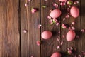 Pink Easter eggs on wodden background. Copyspace. Still life photo of lots of pink easter eggs.Background with easter eggs Royalty Free Stock Photo