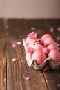 Pink Easter eggs on wodden background. Copyspace. Still life photo of lots of pink easter eggs.Background with easter eggs Royalty Free Stock Photo