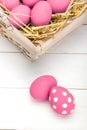 Pink Easter eggs on wodden background. Still life photo of lots of pink easter eggs. Copyspace. Royalty Free Stock Photo