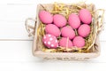 Pink Easter eggs on wodden background. Still life photo of lots of pink easter eggs. Copyspace. Royalty Free Stock Photo