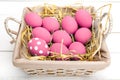 Pink Easter eggs on wodden background. Still life photo of lots of pink easter eggs. Copyspace. Royalty Free Stock Photo
