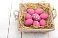 Pink Easter eggs on wodden background. Still life photo of lots of pink easter eggs. Copyspace. Royalty Free Stock Photo