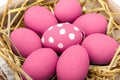 Pink Easter eggs on wodden background. Still life photo of lots of pink easter eggs. Copyspace. Royalty Free Stock Photo