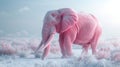 Pink elephant walking through a frosty white landscape