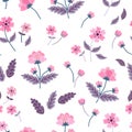 Pink embroidered flowers isolated on white background. Seamless pattern with imitation of satin stitch in vector