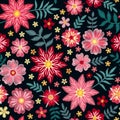 Pink embroidery flowers on black background. Floral seamless pattern. Decorative embroidered print Royalty Free Stock Photo