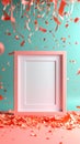 Pink Empty Frame with Falling Coral Confetti on Teal Background Royalty Free Stock Photo