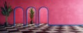 Pink empty wall in luxury home with painted concrete walls, floor tiles, arch and tropical plants. Interior design room with