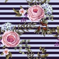 Pink English roses seamless pattern on a stripes background. Vector. Royalty Free Stock Photo