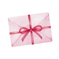 Pink envelope decorated with pink ribbon bow. Love letter for Valentines day