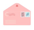 Pink envelope front in flat style decorated with postage stamps and seals. Cute romantic love letter post vector illustration