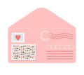 Pink envelope front in flat style decorated with postage stamps and seals. Cute romantic love letter post vector illustration