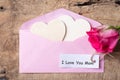 Pink envelope, heart and pink rose with I Love You Mom card Royalty Free Stock Photo